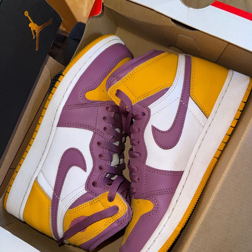 Jordan Women’s High-Top Athletic Shoes in Purple, Gold & White